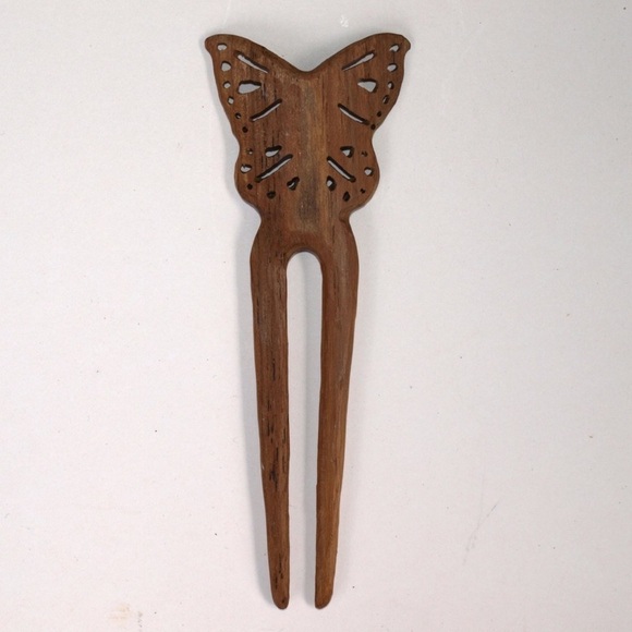 Butterfly hair pin stick hand carved wood handmade - Picture 2 of 3